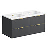 Opus 1200mm Fluted Wall‑Hung Double Basin Vanity Unit – Satin Black with Marble‑Effect Worktop & Brushed Brass Handles
