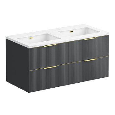 Opus 1200mm Fluted Wall‑Hung Double Basin Vanity Unit – Satin Black with Marble‑Effect Worktop & Brushed Brass Handles