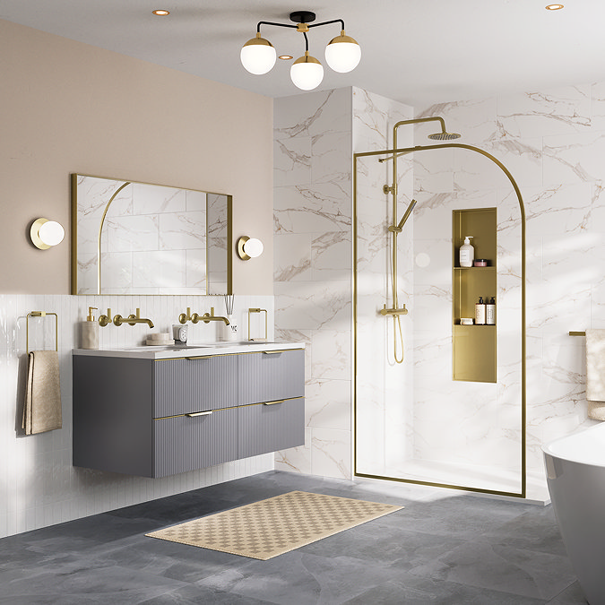 Opus 1200mm Fluted Wall‑Hung Double Basin Vanity Unit – Satin Grey with Marble‑Effect Worktop & Brushed Brass