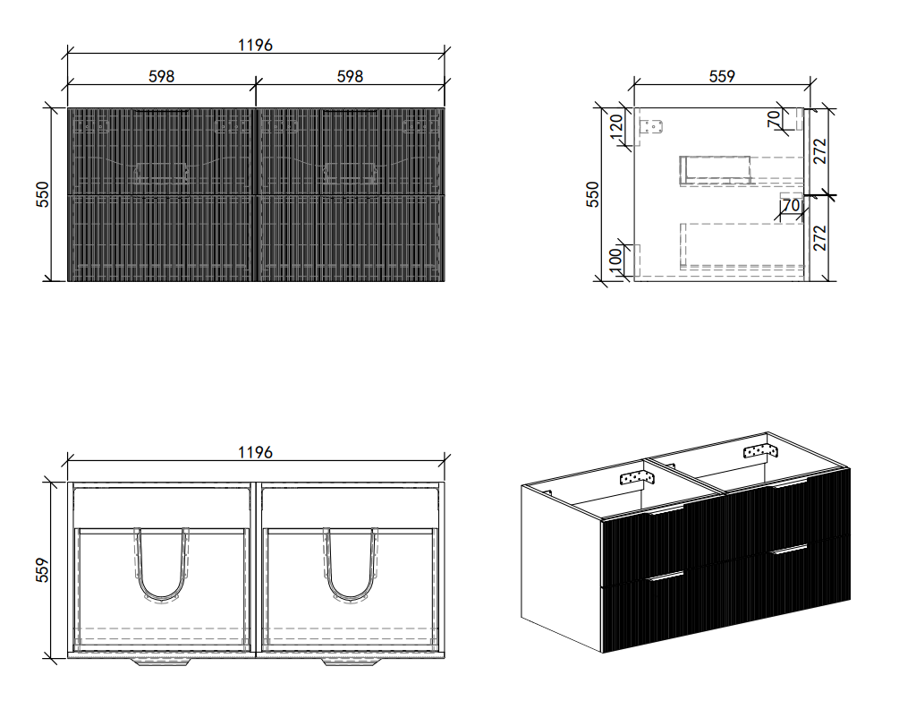 Opus 1200mm Fluted Wall‑Hung Double Basin Vanity Unit – Satin Grey with Marble‑Effect Worktop & Brushed Brass Handles