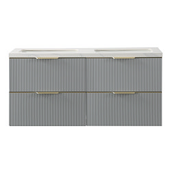 Opus 1200mm Fluted Wall‑Hung Double Basin Vanity Unit – Satin Grey with Marble‑Effect Worktop & Brushed Brass Handles