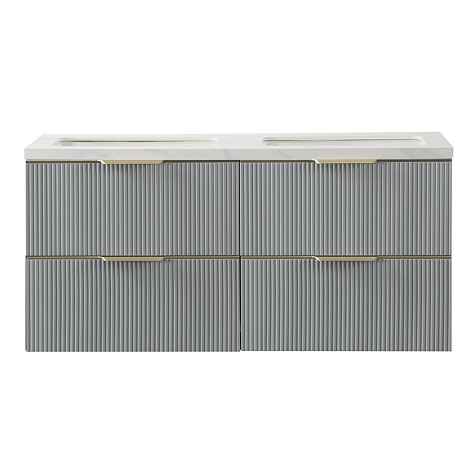 Opus 1200mm Fluted Wall‑Hung Double Basin Vanity Unit – Satin Grey with Marble‑Effect Worktop & Brushed Brass Handles