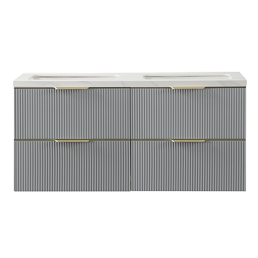 Opus 1200mm Fluted Wall‑Hung Double Basin Vanity Unit – Satin Grey with Marble‑Effect Worktop & Brushed Brass Handles