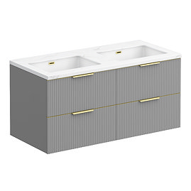 Opus 1200mm Fluted Wall‑Hung Double Basin Vanity Unit – Satin Grey with Marble‑Effect Worktop & Brushed Brass Handles