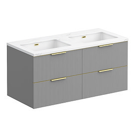 Opus 1200mm Fluted Wall‑Hung Double Basin Vanity Unit – Satin Grey with Marble‑Effect Worktop & Brushed Brass Handles