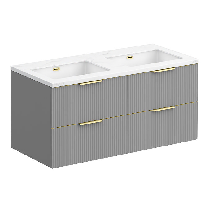 Opus 1200mm Fluted Wall‑Hung Double Basin Vanity Unit – Satin Grey with Marble‑Effect Worktop & Brushed Brass Handles
