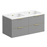 Opus 1200mm Fluted Wall‑Hung Double Basin Vanity Unit – Satin Grey with Marble‑Effect Worktop & Brushed Brass Handles