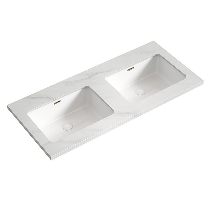 Opus 1200mm Fluted Wall‑Hung Double Basin Vanity Unit – Satin White with Marble‑Effect Worktop & Brushed Brass Handles
