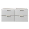 Opus 1200mm Fluted Wall‑Hung Double Basin Vanity Unit – Satin White with Marble‑Effect Worktop & Brushed Brass Handles