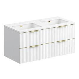 Opus 1200mm Fluted Wall‑Hung Double Basin Vanity Unit – Satin White with Marble‑Effect Worktop & Brushed Brass Handles