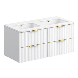 Opus 1200mm Fluted Wall‑Hung Double Basin Vanity Unit – Satin White with Marble‑Effect Worktop & Brushed Brass Handles