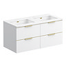 Opus 1200mm Fluted Wall‑Hung Double Basin Vanity Unit – Satin White with Marble‑Effect Worktop & Brushed Brass Handles