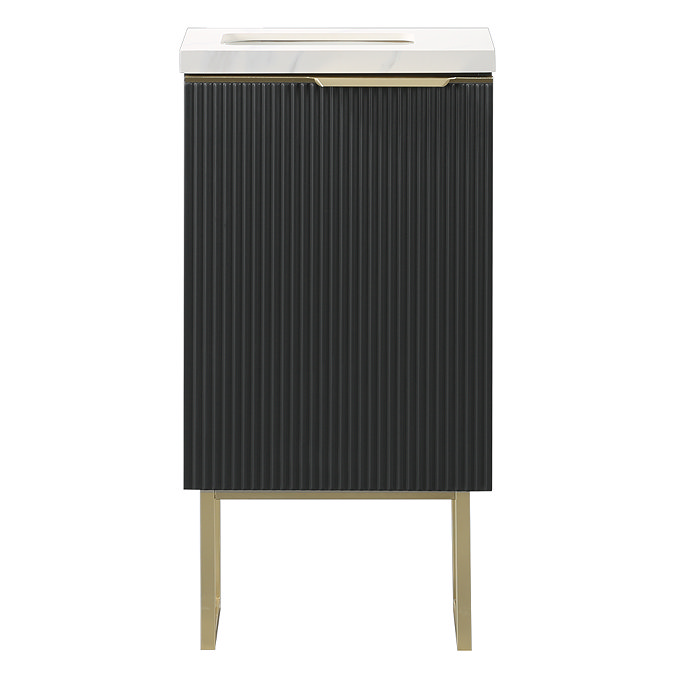 Opus 400mm Fluted Wall Hung Cloakroom Vanity Unit with Legs - Satin Black, Marble-Effect Basin & Brushed Brass