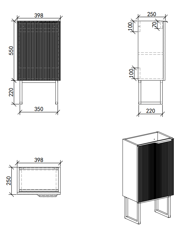 Opus 400mm Fluted Wall Hung Cloakroom Vanity Unit with Legs - Satin Black, Marble-Effect Basin & Brushed Brass