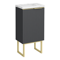 Opus 400mm Fluted Wall Hung Cloakroom Vanity Unit with Legs - Satin Black, Marble-Effect Basin & Brushed Brass