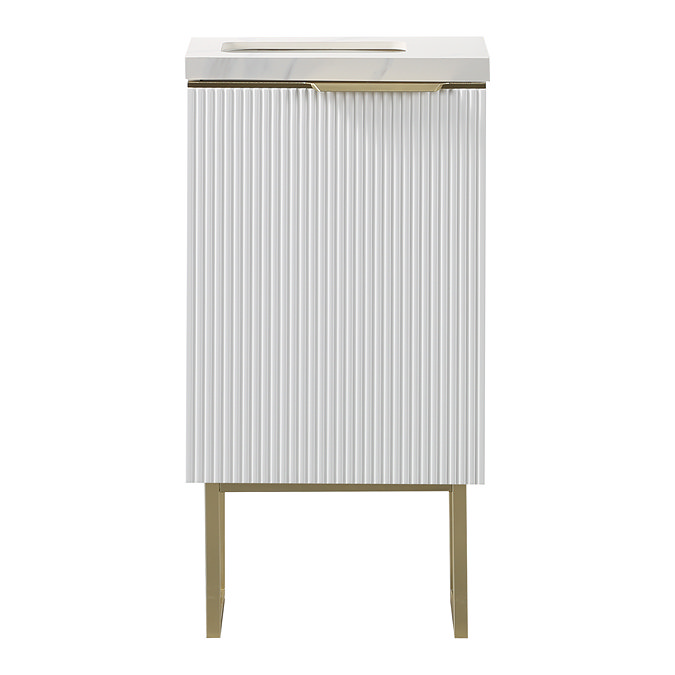 Opus 400mm Fluted Wall Hung Cloakroom Vanity Unit with Legs - Satin White, Marble-Effect Basin & Brushed Brass