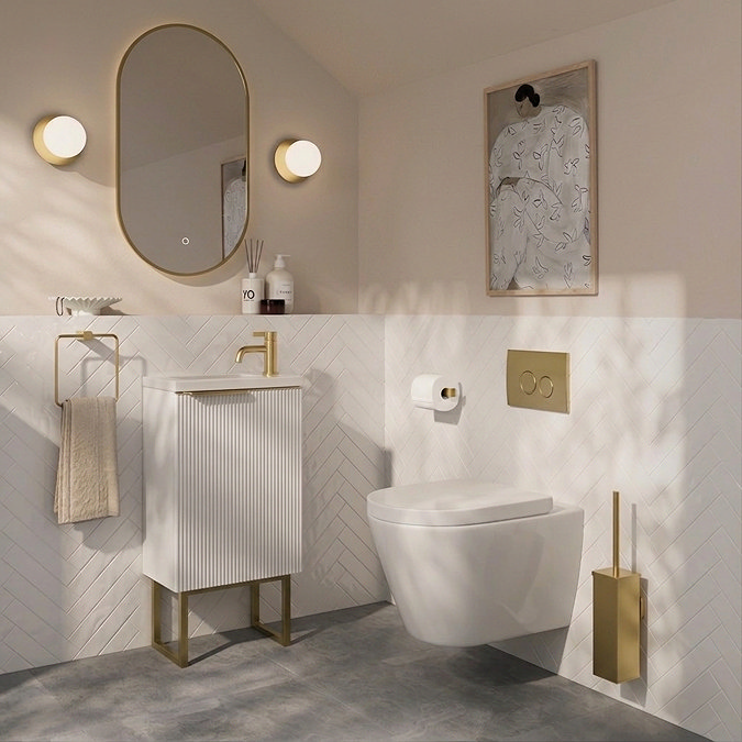 Opus 400mm Fluted Cloakroom Vanity Unit with Legs - Satin White, Marble-Effect Basin & Brushed Brass