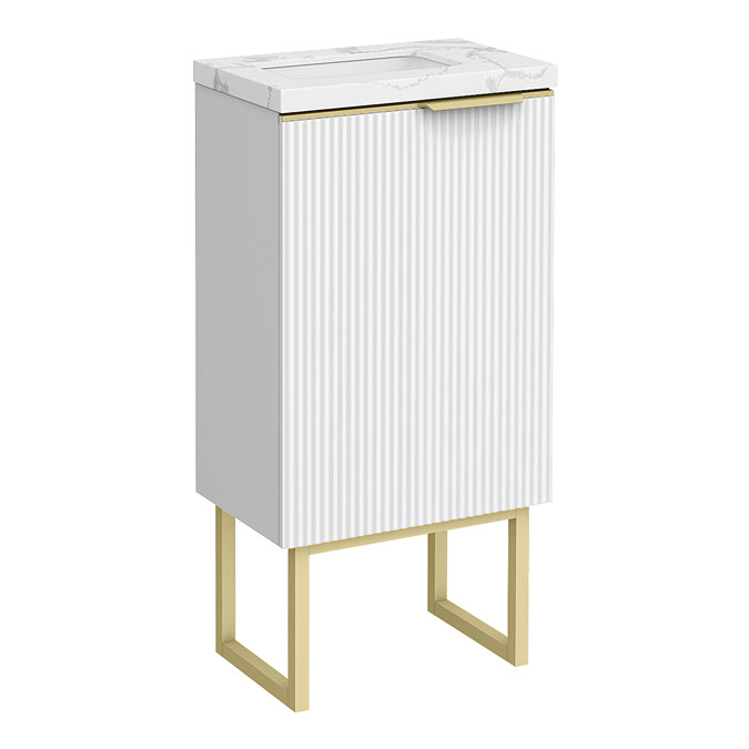 Opus 400mm Fluted Wall Hung Cloakroom Vanity Unit with Legs - Satin White, Marble-Effect Basin & Brushed Brass