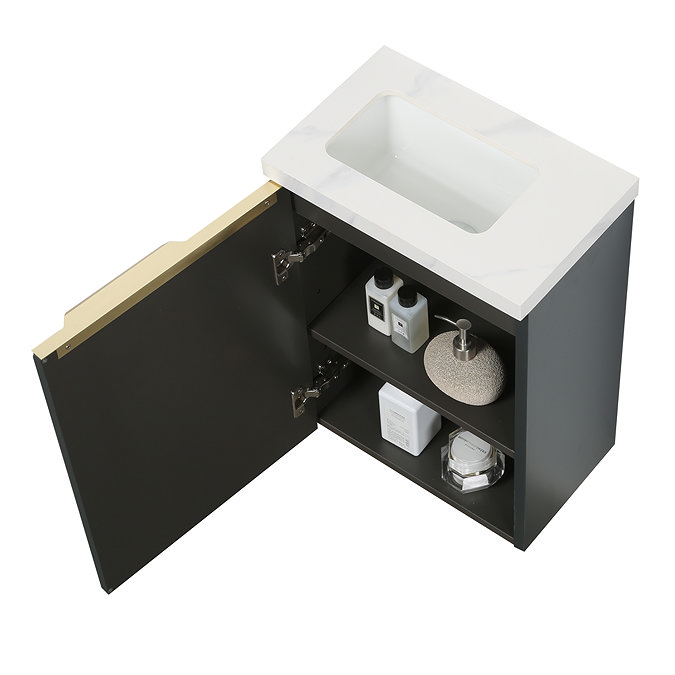 Opus 400mm Fluted Wall Hung Cloakroom Vanity Unit – Satin Black with Marble‑Effect Basin & Brushed Brass Handle