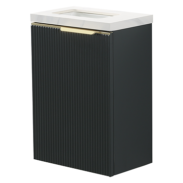 Opus 400mm Fluted Wall Hung Cloakroom Vanity Unit – Satin Black with Marble‑Effect Basin & Brushed Brass Handle