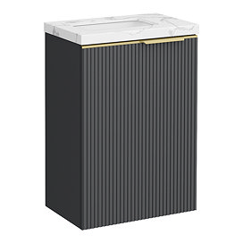 Opus 400mm Fluted Wall Hung Cloakroom Vanity Unit – Satin Black with Marble‑Effect Basin & Brushed Brass Handle