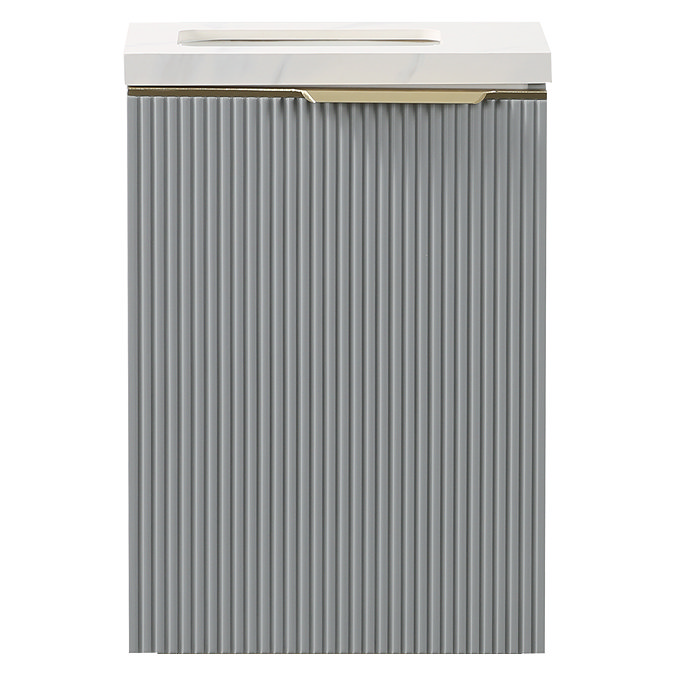 Opus 400mm Fluted Wall Hung Cloakroom Vanity Unit – Satin Grey with Marble‑Effect Basin & Brushed Brass Handle