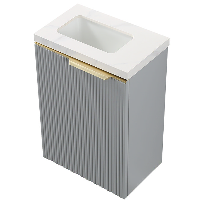Opus 400mm Fluted Wall Hung Cloakroom Vanity Unit – Satin Grey with Marble‑Effect Basin & Brushed Brass Handle