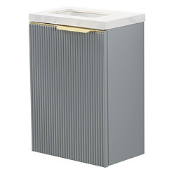 Opus 400mm Fluted Wall Hung Cloakroom Vanity Unit – Satin Grey with Marble‑Effect Basin & Brushed Brass Handle