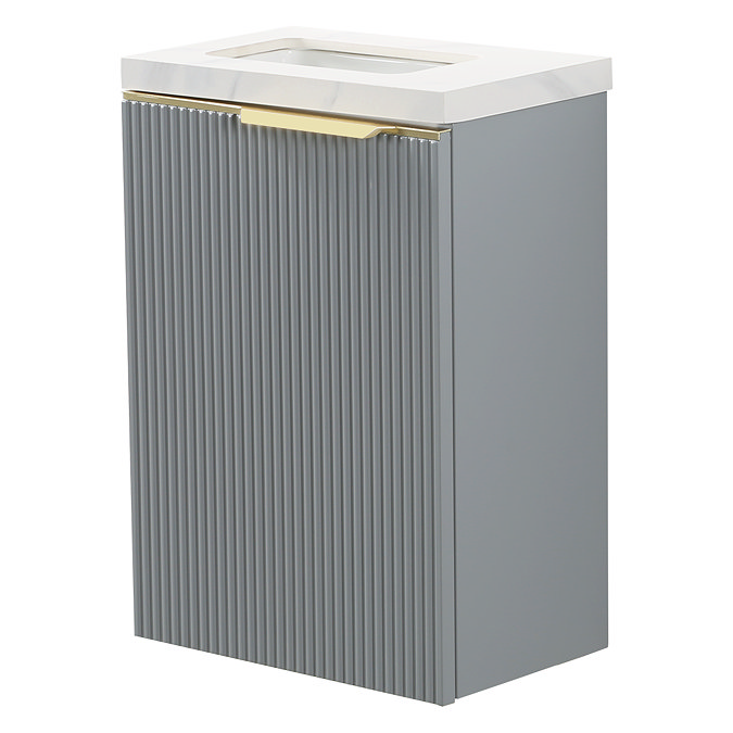Opus 400mm Fluted Wall Hung Cloakroom Vanity Unit – Satin Grey with Marble‑Effect Basin & Brushed Brass Handle