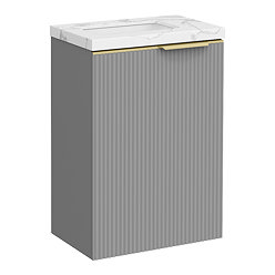 Opus 400mm Fluted Wall Hung Cloakroom Vanity Unit – Satin Grey with Marble‑Effect Basin & Brushed Brass Handle