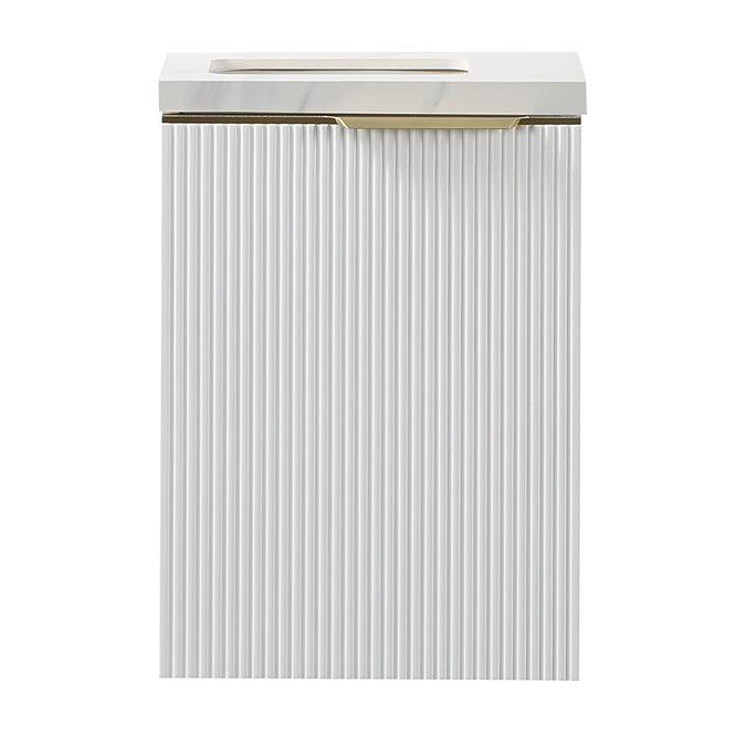 Opus 400mm Fluted Wall Hung Cloakroom Vanity Unit – Satin White with Marble‑Effect Basin & Brushed Brass Handle