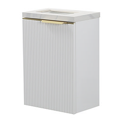 Opus 400mm Fluted Wall Hung Cloakroom Vanity Unit – Satin White with Marble‑Effect Basin & Brushed Brass Handle