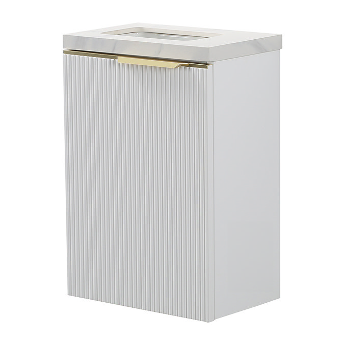 Opus 400mm Fluted Wall Hung Cloakroom Vanity Unit – Satin White with Marble‑Effect Basin & Brushed Brass Handle