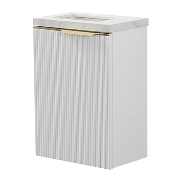 Opus 400mm Fluted Wall Hung Cloakroom Vanity Unit – Satin White with Marble‑Effect Basin & Brushed Brass Handle