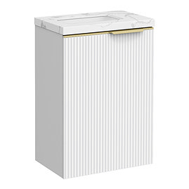 Opus 400mm Fluted Wall Hung Cloakroom Vanity Unit – Satin White with Marble‑Effect Basin & Brushed Brass Handle