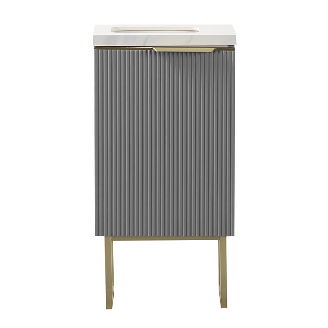 Opus 400mm Fluted Wall Hung Cloakroom Vanity Unit with Legs - Satin Grey, Marble-Effect Basin & Brushed Brass