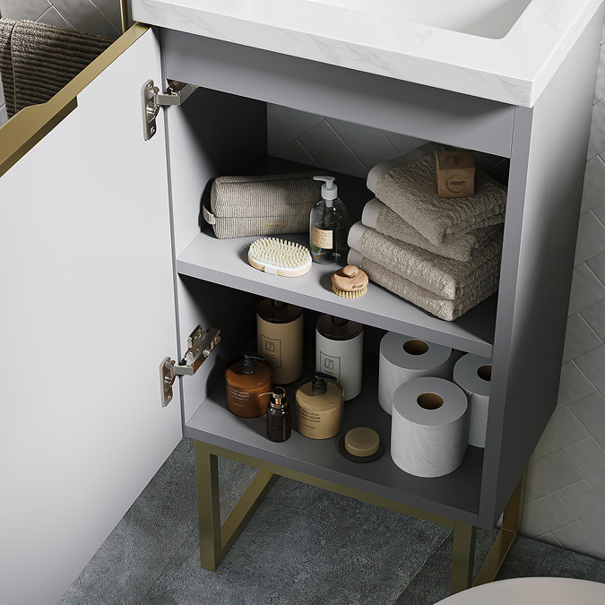 Opus 400mm Fluted Cloakroom Vanity Unit with Legs - Satin Grey, Marble-Effect Basin & Brushed Brass