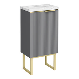 Opus 400mm Fluted Wall Hung Cloakroom Vanity Unit with Legs - Satin Grey, Marble-Effect Basin & Brushed Brass