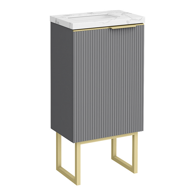 Opus 400mm Fluted Wall Hung Cloakroom Vanity Unit with Legs - Satin Grey, Marble-Effect Basin & Brushed Brass