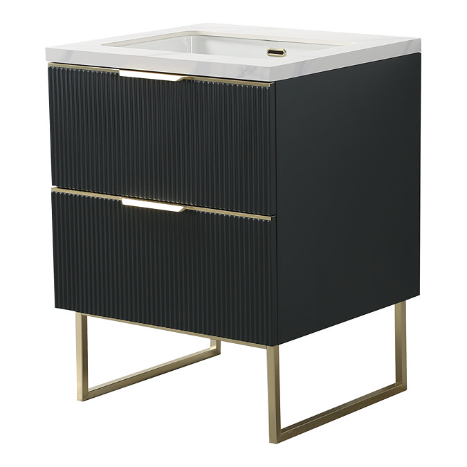 Opus 600mm Fluted Cloakroom Vanity Unit with Legs - Satin Black, Marble-Effect Basin & Brushed Brass