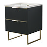 Opus 600mm Fluted Cloakroom Vanity Unit with Legs - Satin Black, Marble-Effect Basin & Brushed Brass
