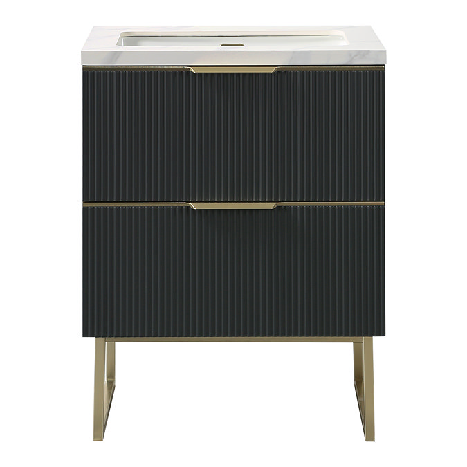 Opus 600mm Fluted Cloakroom Vanity Unit with Legs - Satin Black, Marble-Effect Basin & Brushed Brass