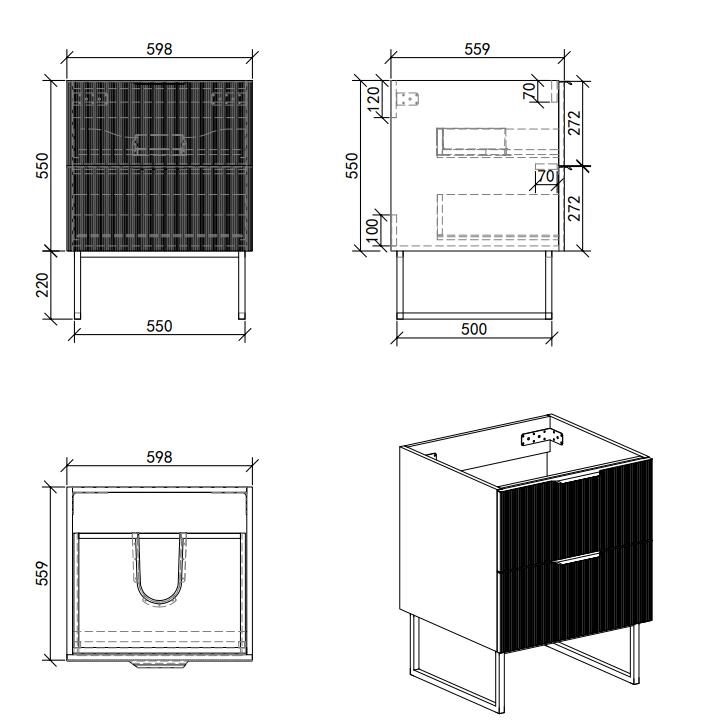 Opus 600mm Fluted Cloakroom Vanity Unit with Legs - Satin Black, Marble-Effect Basin & Brushed Brass