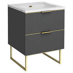 Opus 600mm Fluted Cloakroom Vanity Unit with Legs - Satin Black, Marble-Effect Basin & Brushed Brass
