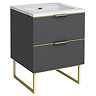 Opus 600mm Fluted Cloakroom Vanity Unit with Legs - Satin Black, Marble-Effect Basin & Brushed Brass