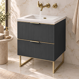 Opus 600mm Fluted Vanity Unit with Legs - Satin Black, Marble-Effect Basin & Brushed Brass