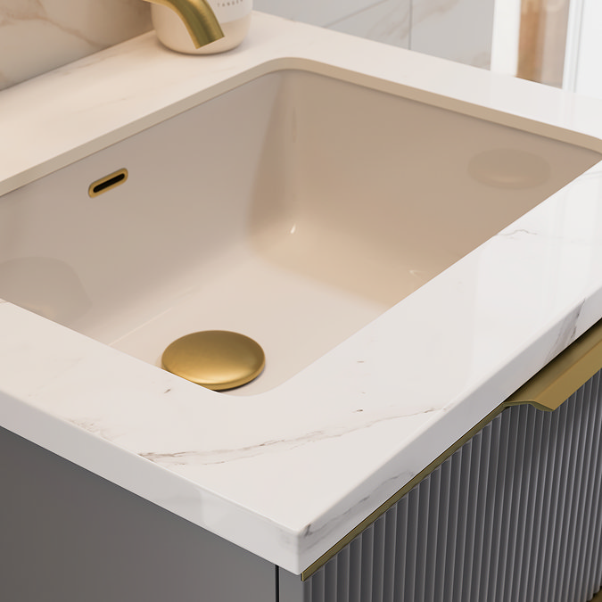 Opus 600mm Fluted Vanity Unit with Legs - Satin Grey, Marble-Effect Basin & Brushed Brass