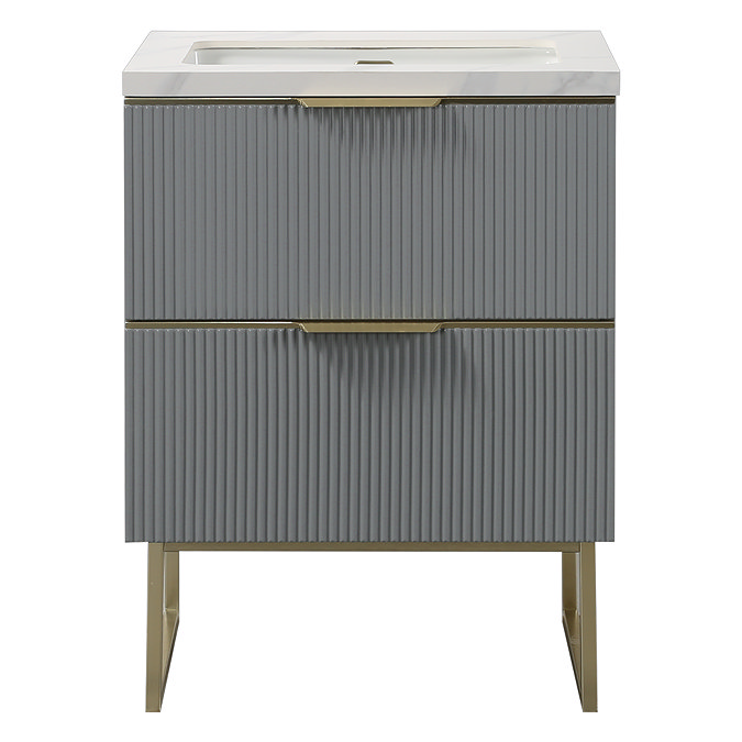 Opus 600mm Fluted Vanity Unit with Legs - Satin Grey, Marble-Effect Basin & Brushed Brass