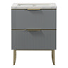 Opus 600mm Fluted Vanity Unit with Legs - Satin Grey, Marble-Effect Basin & Brushed Brass