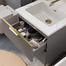 Opus 600mm Fluted Wall Hung 2-Drawer Vanity Unit – Satin Grey with Marble‑Effect Basin & Brushed Brass Handles